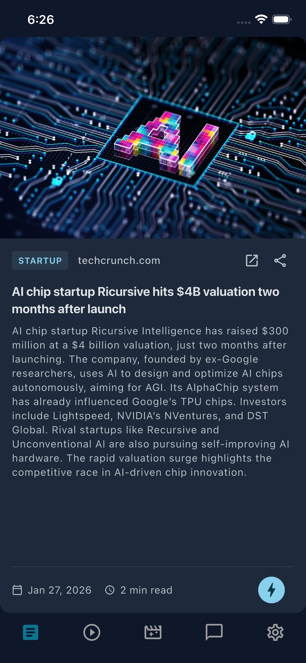 Blips News Feed showing tech news articles